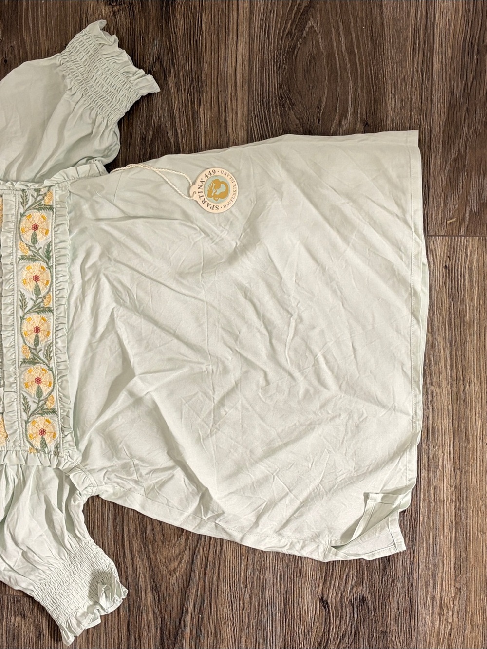 Spartina 449 Pale Sage Embroidered Floral Smocked Blouse